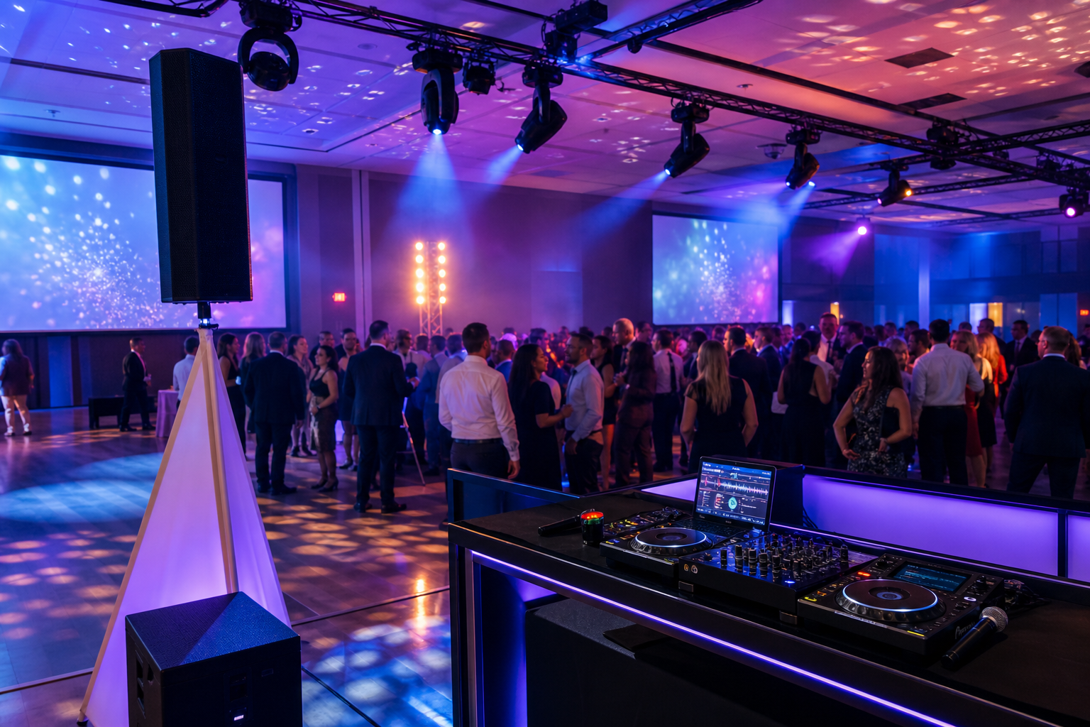 Corporate DJ setup with lights and projector screens